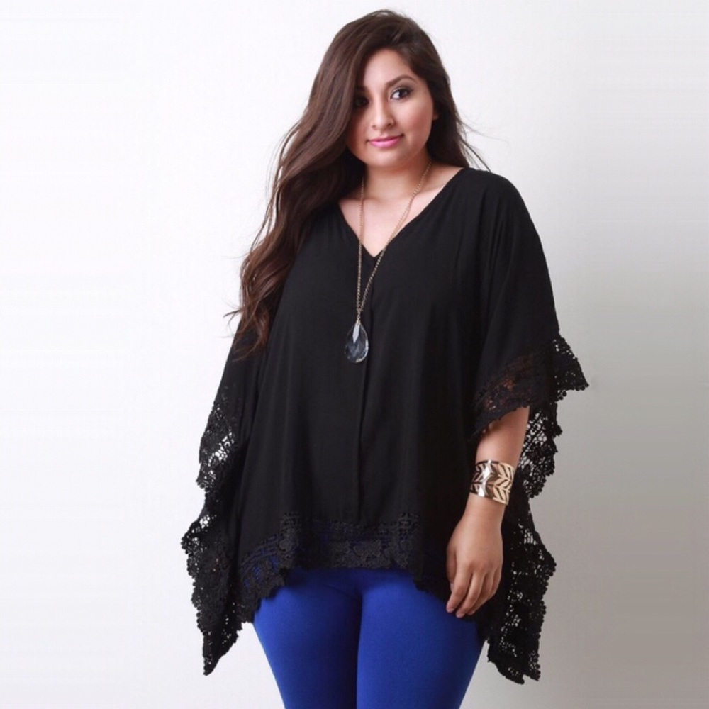 Boho Crochet Lace Trim V Neck Bat Wing Sleeve Blouse - Picture 1 of 4